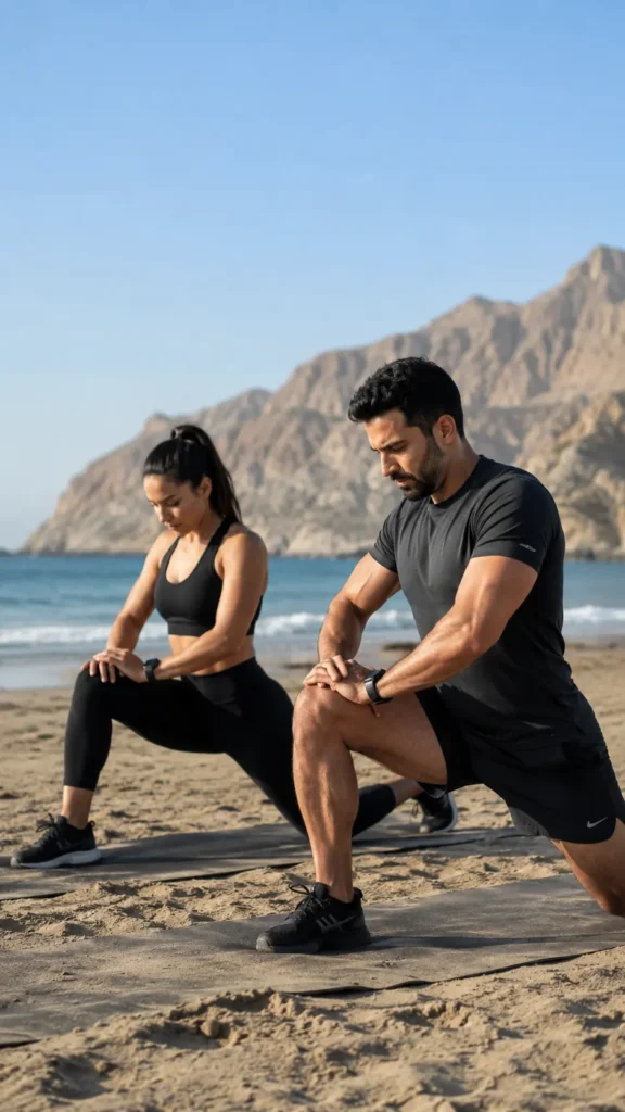 A man and a woman in black athletic wear doing deep lunge stretches on yoga mats at a sandy beach, with ocean waves and rugged coastal mountains in the background.