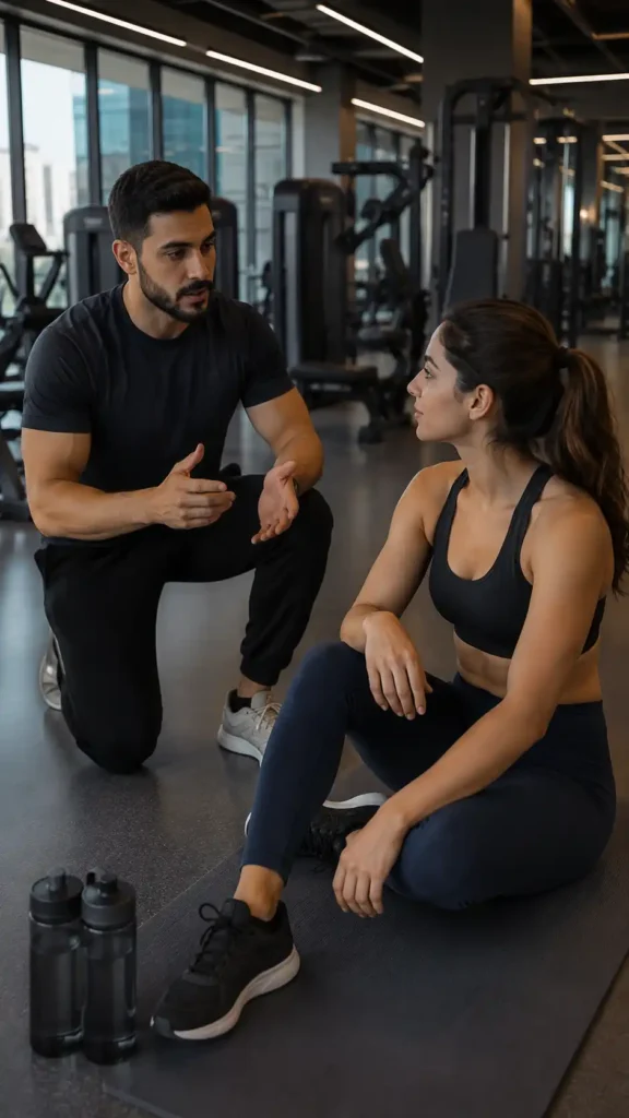 Fitness coach explaining post workout recovery to a gym member in a modern Muscat gym