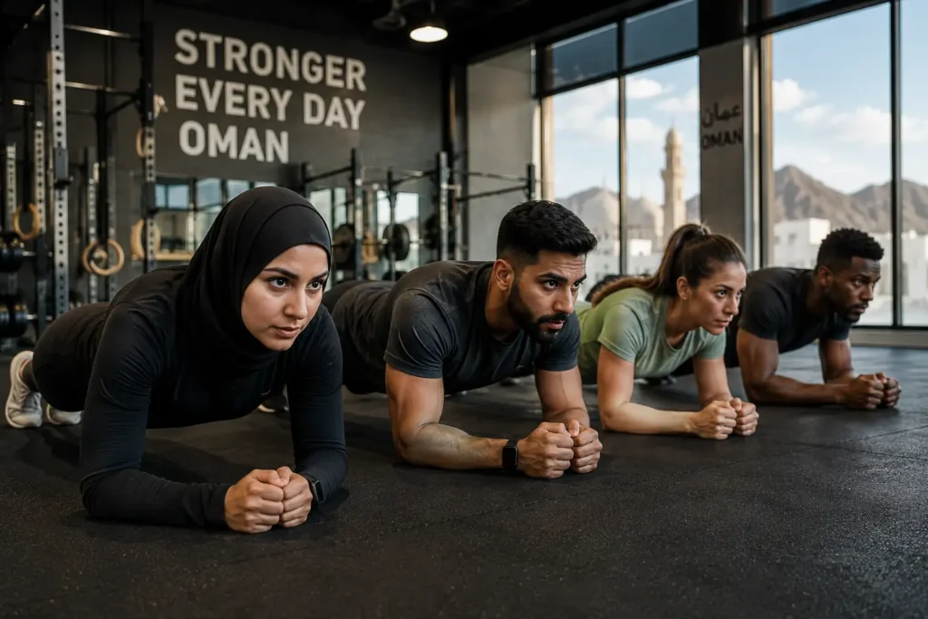 Diverse group of men and women holding plank during a functional fitness class in a modern gym in Muscat, Oman.