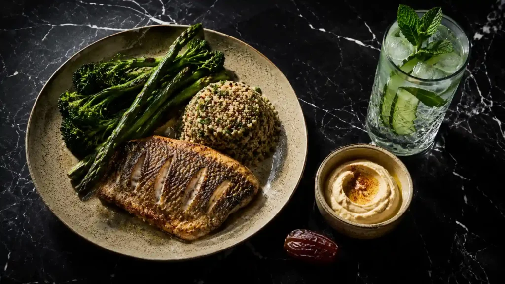 Overhead flatlay of grilled sea bass with charred broccolini, asparagus, herbed quinoa, hummus, Medjool date, and mint cucumber infused water on a black marble surface.