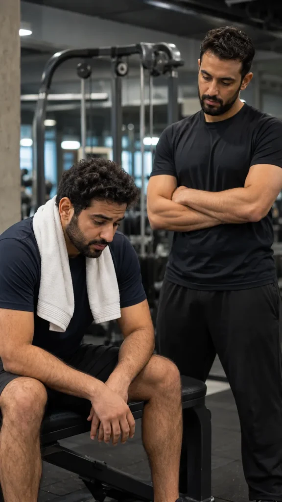 Gym member showing emotional signs of gym burnout while a coach monitors his fatigue and recovery needs in a modern gym in Oman.