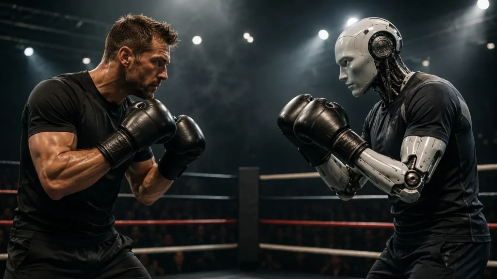 Human coach and AI coach facing each other in a boxing ring ready to fight