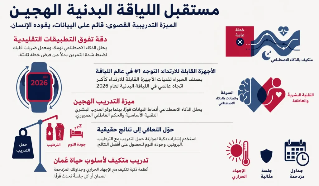 إنفوجرافيك عربي يشرح مستقبل اللياقة البدنية الهجين من خلال الجمع بين التدريب بالذكاء الاصطناعي، الأجهزة القابلة للارتداء، تتبع التعافي، والتدريب بقيادة مدرب بشري في عُمان.