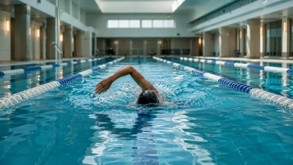 Swimmer performing freestyle training in a modern indoor lap pool with turquoise water and natural skylight.