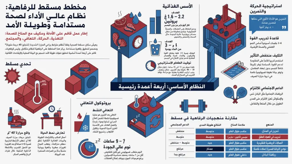 إنفوجرافيك باللغة العربية يشرح مخطط مسقط للرفاهية، ويغطي التغذية، التمارين الرياضية، التعافي، النوم، الترطيب، وأسلوب الحياة الصحي في سلطنة عمان.