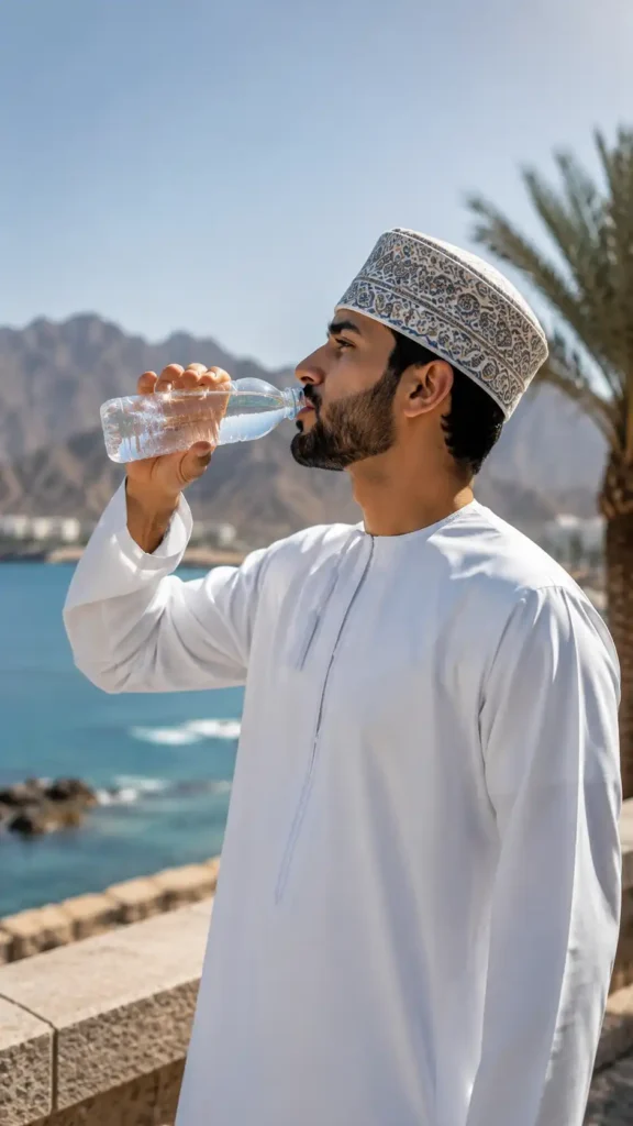 Omani man wearing a white dishdasha drinking water outdoors on a sunny day in Muscat, Oman.