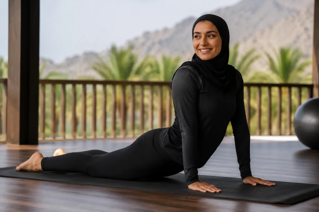 Happy Omani woman practicing yoga indoors in a modern wellness studio in Muscat, Oman.