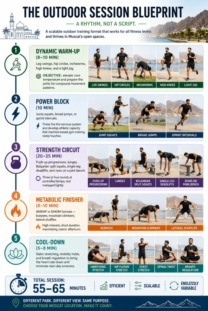 Outdoor workout session infographic showing a 55–65 minute training routine in Muscat, Oman, including warm-up, power exercises, strength circuit, metabolic finisher, and cool-down.