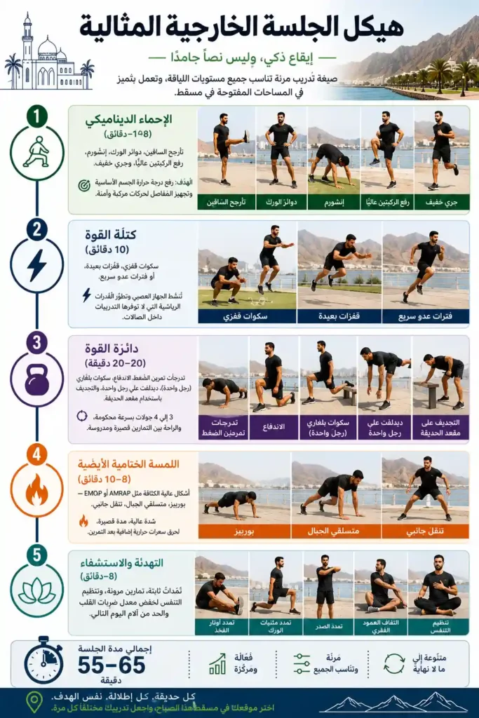 Arabic infographic showing a structured outdoor workout session in Muscat, Oman, including warm-up, power training, strength circuit, metabolic finisher, and cool-down exercises.