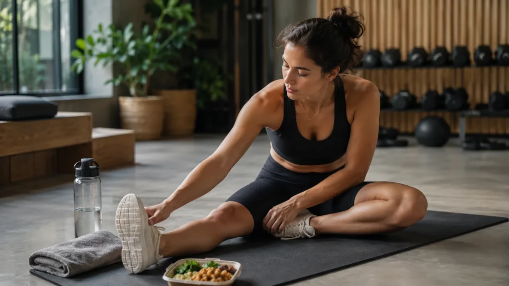 Fitness client stretching on a mat with water bottle, towel, and recovery meal in a calm gym recovery area in Oman.