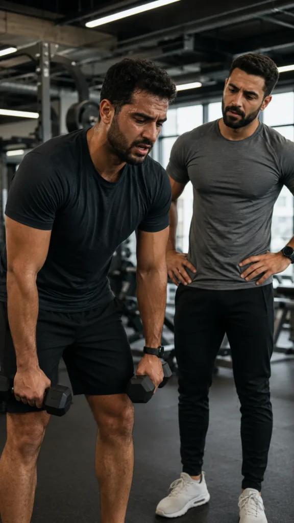 Tired gym member experiencing overtraining symptoms in Oman while a coach observes during a light dumbbell workout.