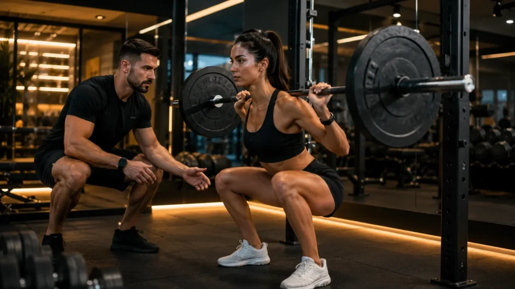Personal trainer coaching a woman through a barbell squat in a modern luxury gym in Oman