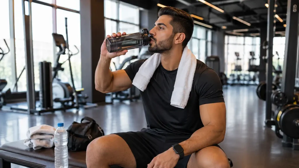Athlete rehydrating after a gym workout during post workout recovery in Oman