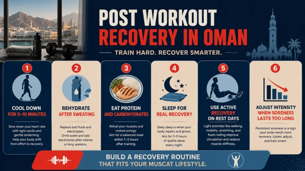 Infographic showing six essential post workout recovery steps including cooldown, hydration, nutrition, sleep, active recovery, and training load management in Oman.