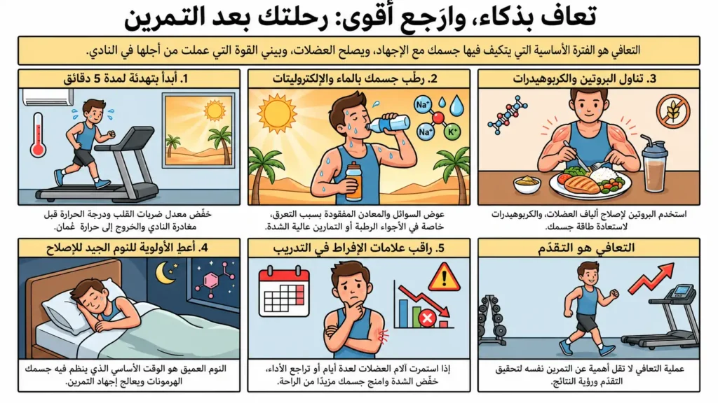 إنفوجرافيك باللغة العربية يوضح خطوات التعافي بعد التمرين في عُمان، بما يشمل التهدئة، الترطيب، التغذية، النوم، ومراقبة علامات الإفراط في التدريب.