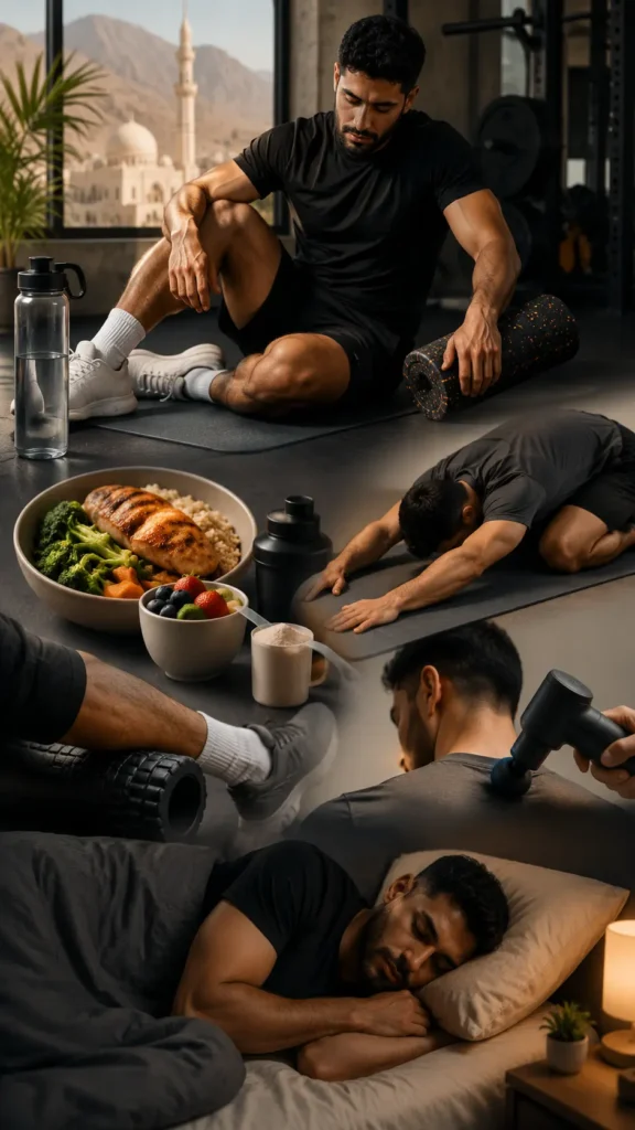 Athlete using foam roller with hydration, healthy food, stretching, massage, and sleep for post workout recovery in Oman.