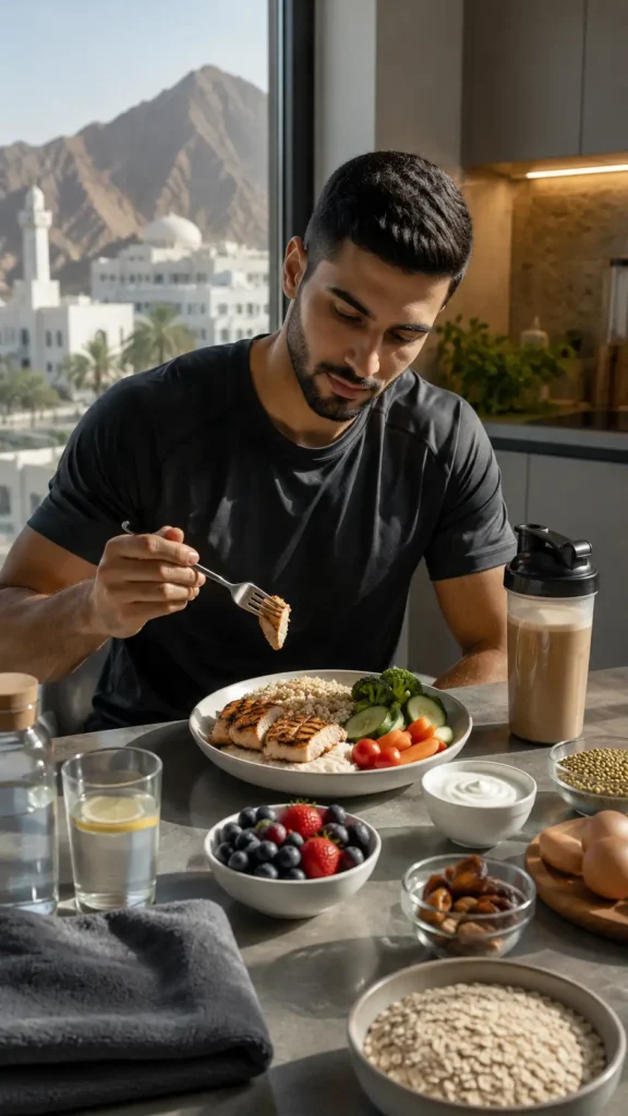 Athlete eating a balanced post-workout recovery meal with protein, carbohydrates, fruit, and water in Oman