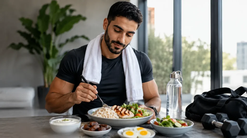 Athlete eating a balanced post workout recovery meal with grilled protein, rice, salad, eggs, dates, yogurt, and water.