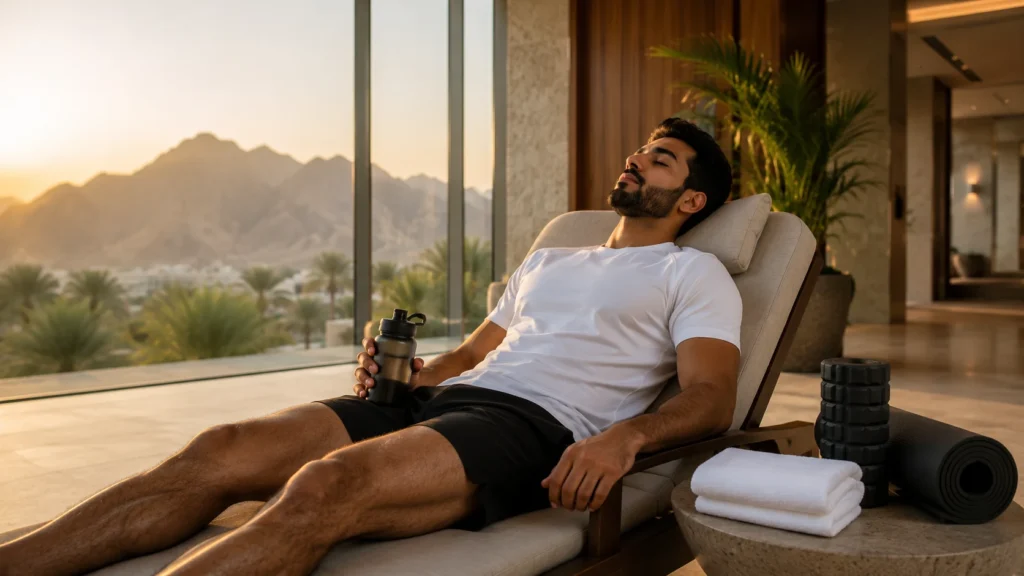 Athletic Omani man resting after a workout in a luxury wellness facility in Muscat, Oman.