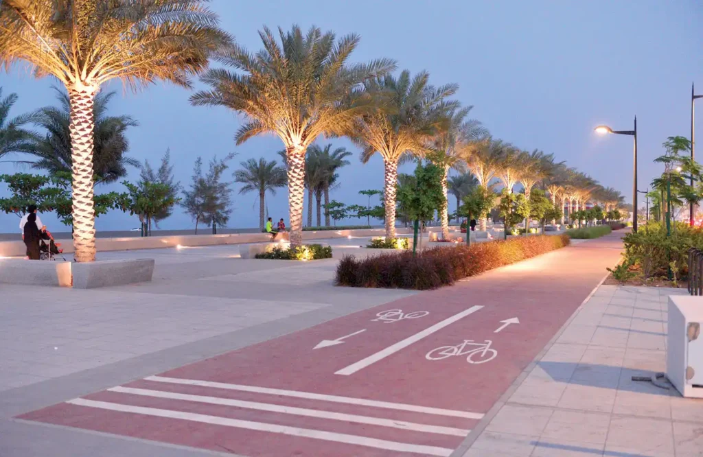 A red-paved dedicated cycling lane with bicycle symbols on the Seeb Corniche waterfront promenade in Muscat, Oman, lined with illuminated palm trees and walkways at dusk.