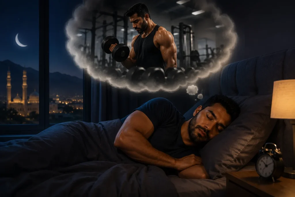 Middle Eastern athlete sleeping peacefully while dreaming about strength training and muscle growth recovery.