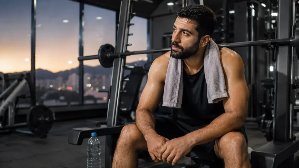 Middle Eastern gym member resting after strength training in a modern Muscat gym for better sleep and muscle recovery.