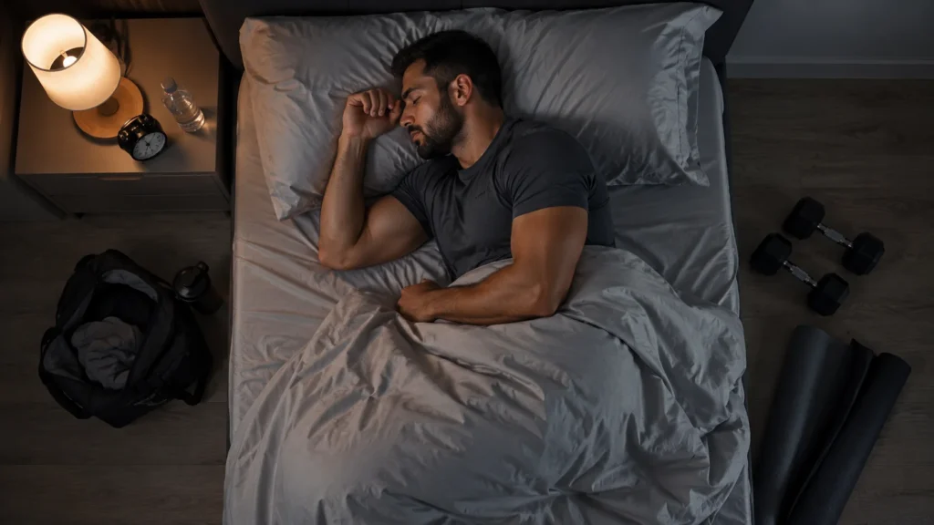 Middle Eastern gym member sleeping after a workout to support muscle growth and recovery in Oman.