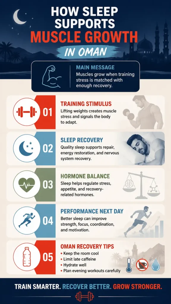 Infographic explaining how sleep supports muscle growth, workout recovery, hormone balance, and gym performance in Oman.