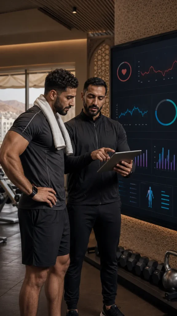 Smart coaching systems in Oman showing a coach reviewing fitness data with an athlete in a modern gym