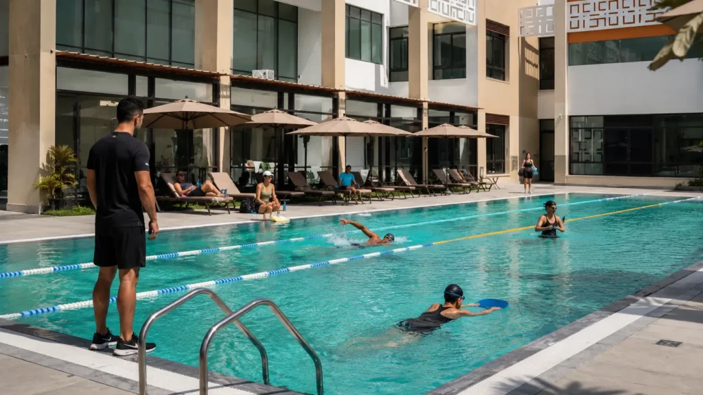 Outdoor swimming pool with coach supervision and swimmers training for fitness, endurance, and low-impact exercise