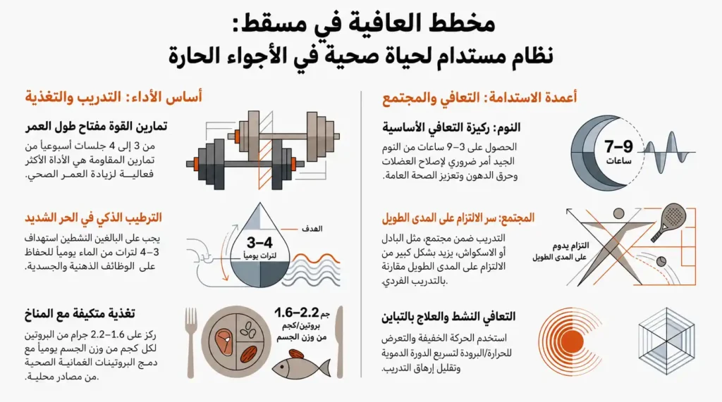 إنفوجرافيك باللغة العربية يوضح مخطط العافية في مسقط، ويتناول تمارين القوة، الترطيب في الأجواء الحارة، التغذية الصحية، النوم، التعافي، والأنشطة المجتمعية للحفاظ على الصحة واللياقة في سلطنة عمان.