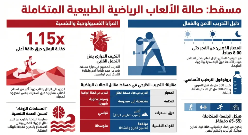 إنفوجرافيك باللغة العربية بعنوان مسقط: صالة الألعاب الرياضية الطبيعية المتكاملة، يوضح فوائد التمرين الخارجي مثل كفاءة الرمال وحرق طاقة أعلى بمعدل 1.15 ضعف، بروتوكول الترطيب، ومقارنة بين التدريب في الهواء الطلق والصالات الرياضية المغلقة