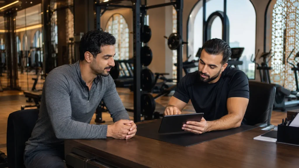 Fitness coach reviewing a gym membership and training plan with an active adult at a premium gym in Muscat, Oman.