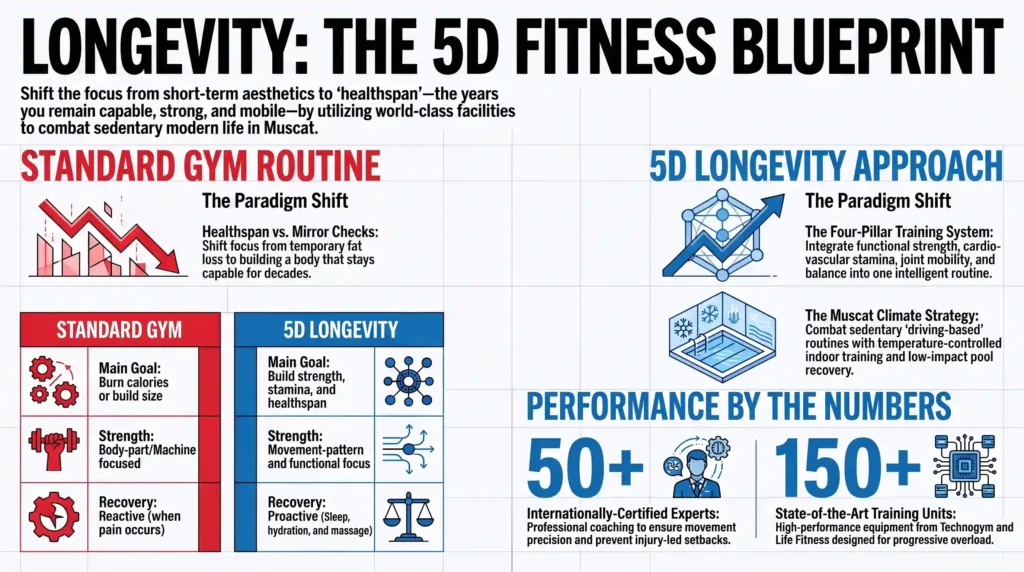 Infographic comparing a standard gym routine with a longevity fitness approach focused on strength, mobility, cardio and recovery in Oman.