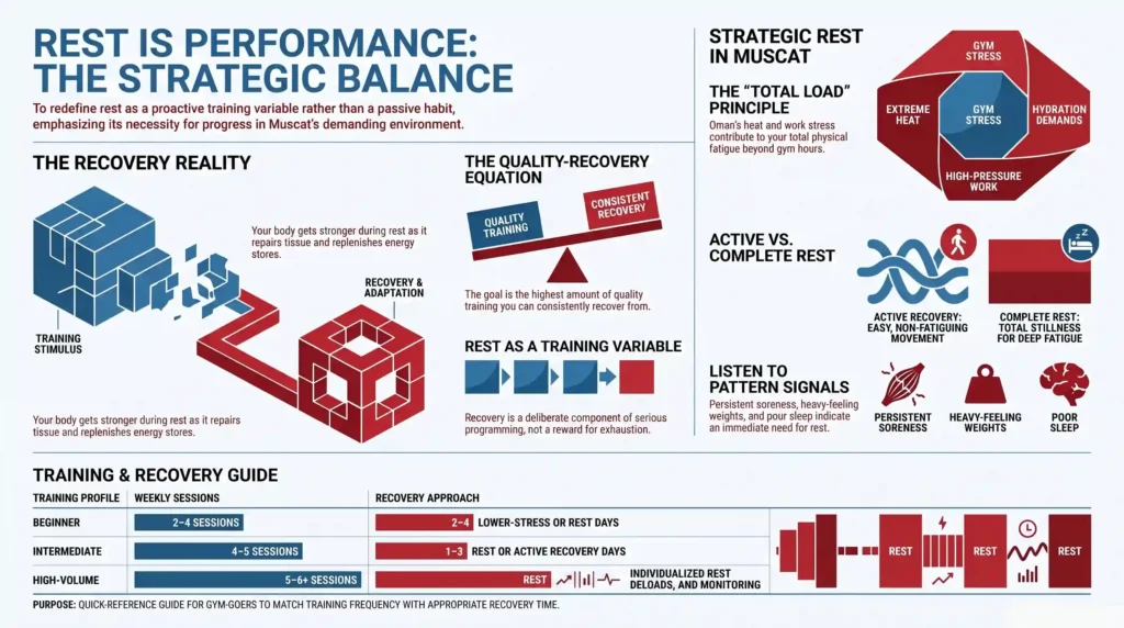Infographic explaining rest day importance in Oman, active recovery, training stress, and weekly gym recovery planning