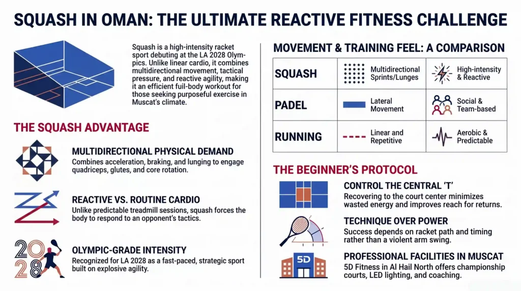 Infographic comparing squash, padel and running while explaining squash fitness benefits and beginner training tips in Oman
