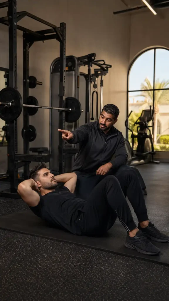 Middle Eastern fitness coach guiding a gym member performing controlled abdominal crunches in a modern Muscat gym.