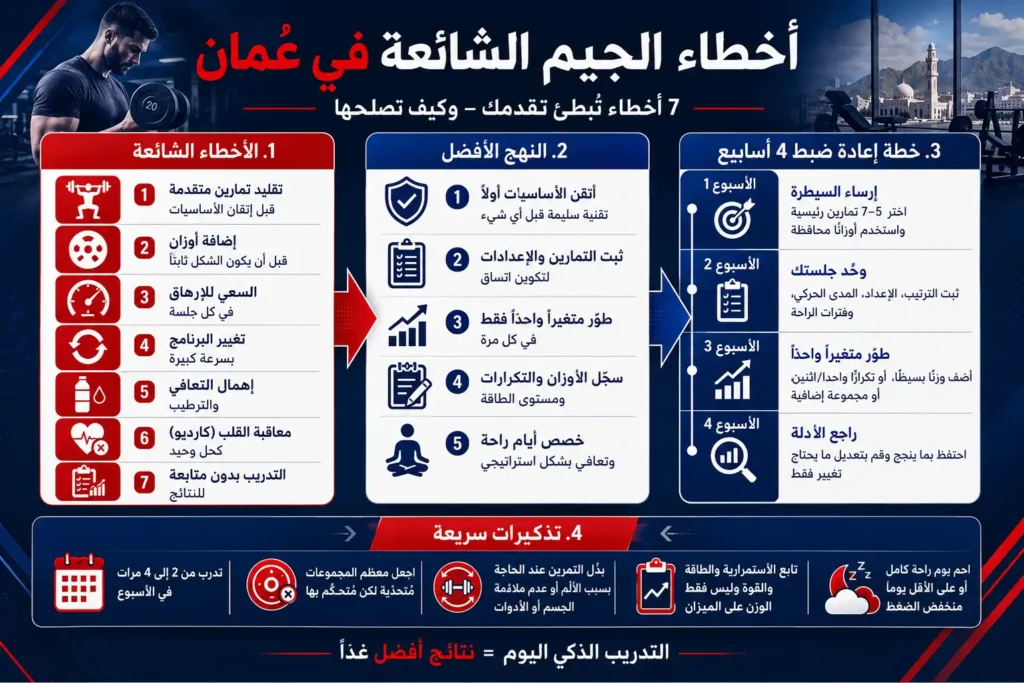 إنفوجرافيك يوضح 7 أخطاء شائعة في الجيم في عُمان، النهج الأفضل للتدريب، وخطة إعادة ضبط لمدة 4 أسابيع.