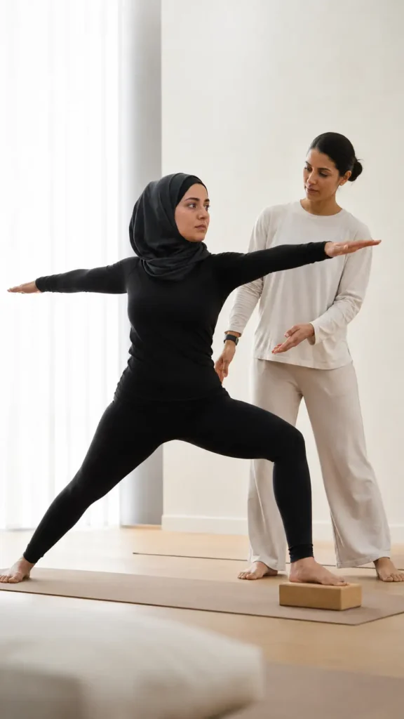 Female yoga instructor guiding a beginner through Warrior II pose in a premium Muscat studio