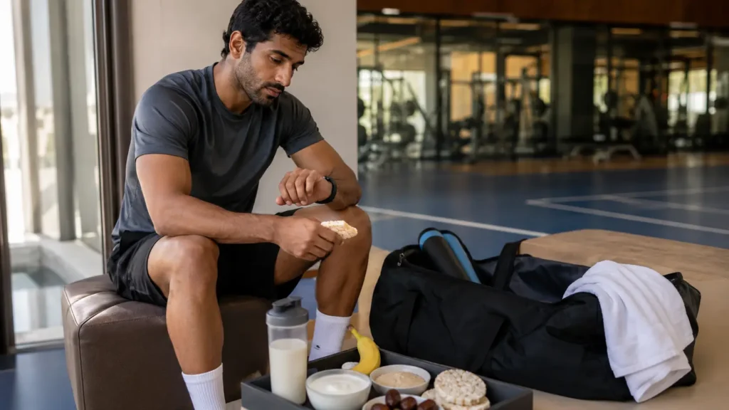 Athletic man recovering between training sessions with a banana, yogurt, oats, dates, rice cakes and protein drink in a Muscat sports facility