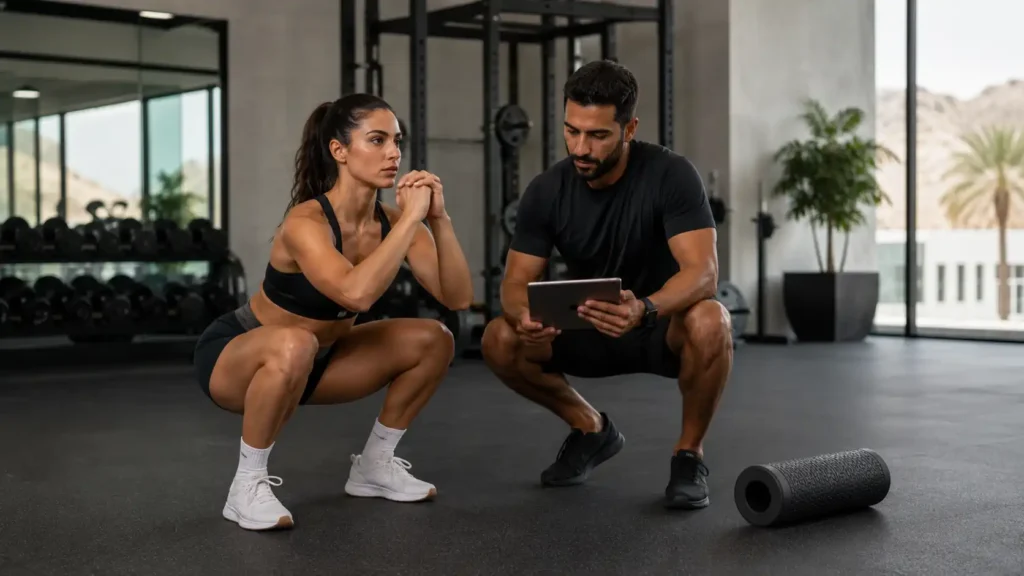 Athletic woman performing a controlled bodyweight squat while a coach reviews her movement on a tablet in a Muscat gym.