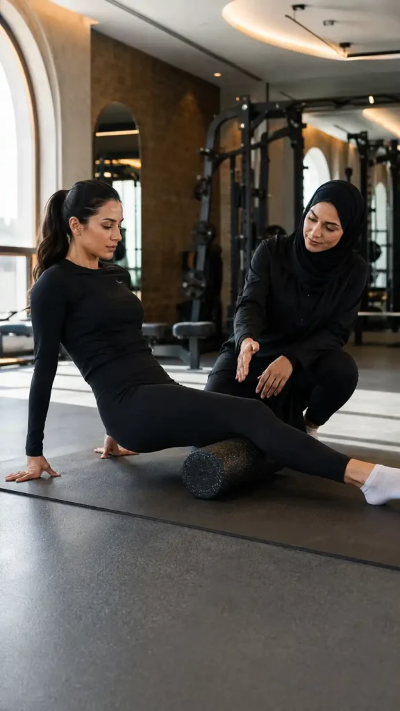 Woman performing calf foam rolling on a mat while a female coach guides her form in a modern Muscat gym.