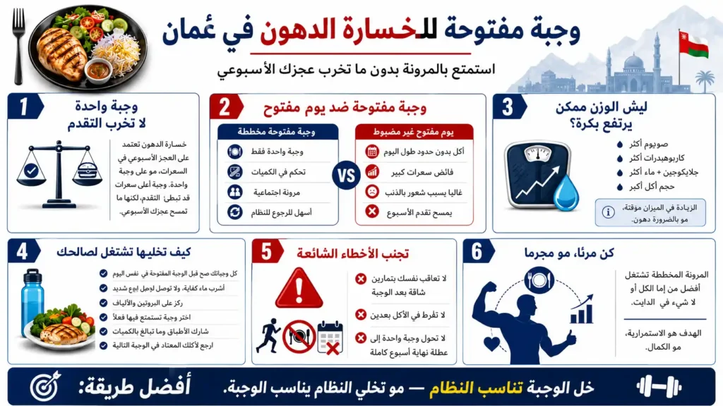 إنفوجرافيك عربي يشرح تأثير الوجبة المفتوحة على خسارة الدهون في عُمان والفرق بين الوجبة المخططة واليوم المفتوح.