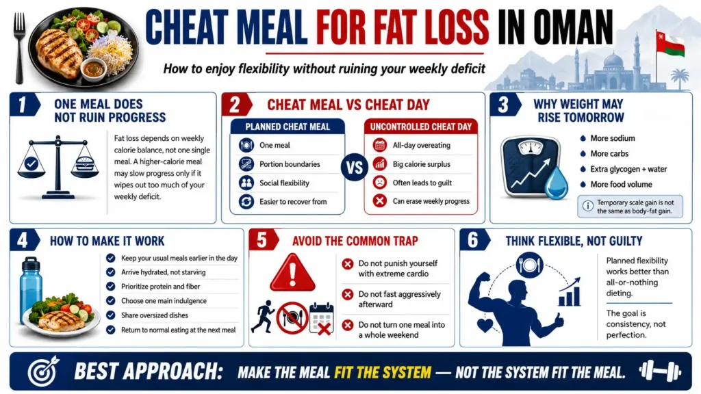 Cheat meal for fat loss in Oman infographic comparing planned cheat meals, cheat days, temporary weight gain and weekly calorie balance.