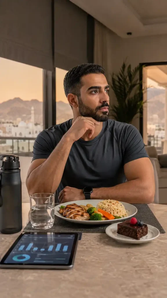 Athletic Middle Eastern man reviewing weekly calorie progress beside a balanced higher-calorie meal in a modern Muscat home.