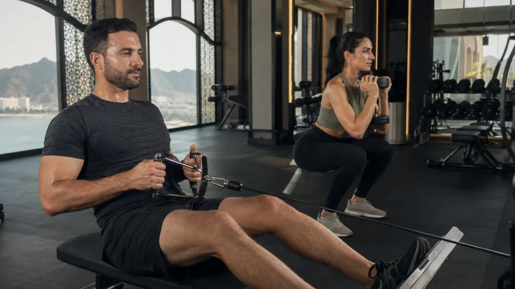 Active couple training in a premium Muscat gym, with one doing a cable row and the other performing a goblet squat.