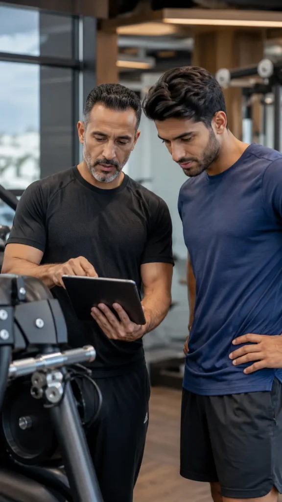 Trainer using a tablet to review movement data with a gym member for injury prevention in Muscat.