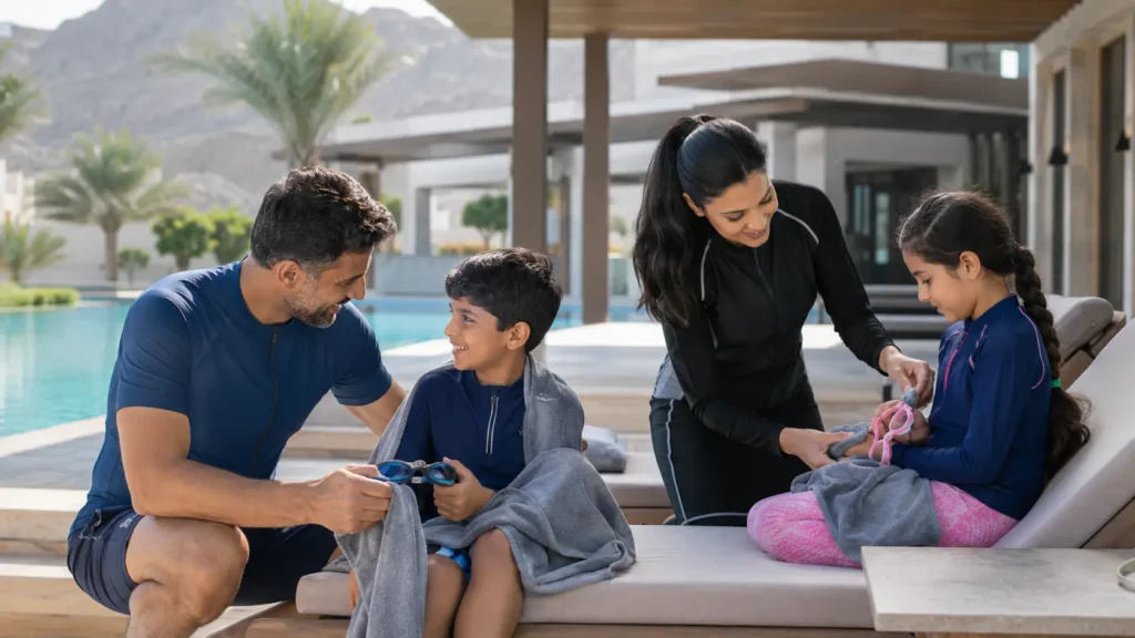 Family of two adults and two children preparing for swimming at a premium pool in Muscat, Oman.