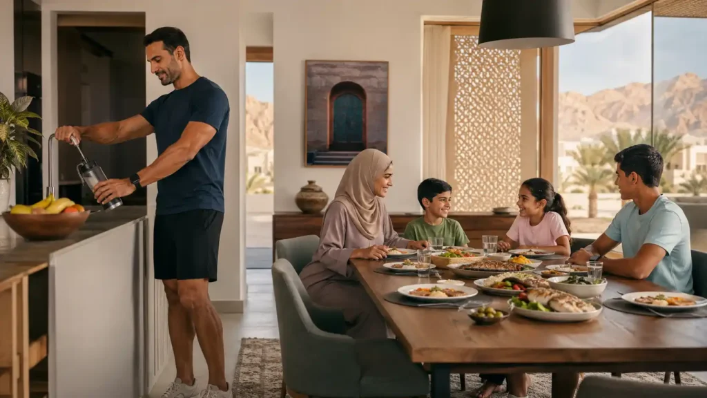 Active man refilling a reusable water bottle before a balanced family meal with grilled fish, rice and vegetables in a modern Muscat home.