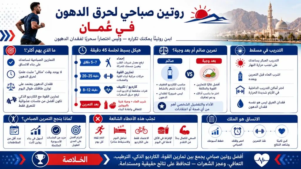 إنفوجرافيك عربي يشرح روتين صباحي لحرق الدهون في عُمان مع تمارين القوة والكارديو والترطيب والتدريب الصائم والاستمرارية.